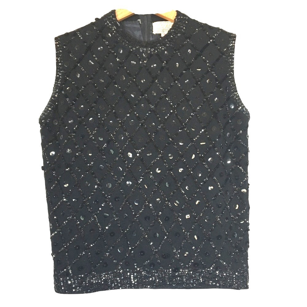Vintage Cyn Les Beaded‎ Sequined Sleeveless Black Angora Wool Blend Top Size 34